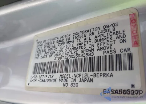 2003 Toyota Echo z USA, uszkodzony, nr VIN JTDBT123X35033883